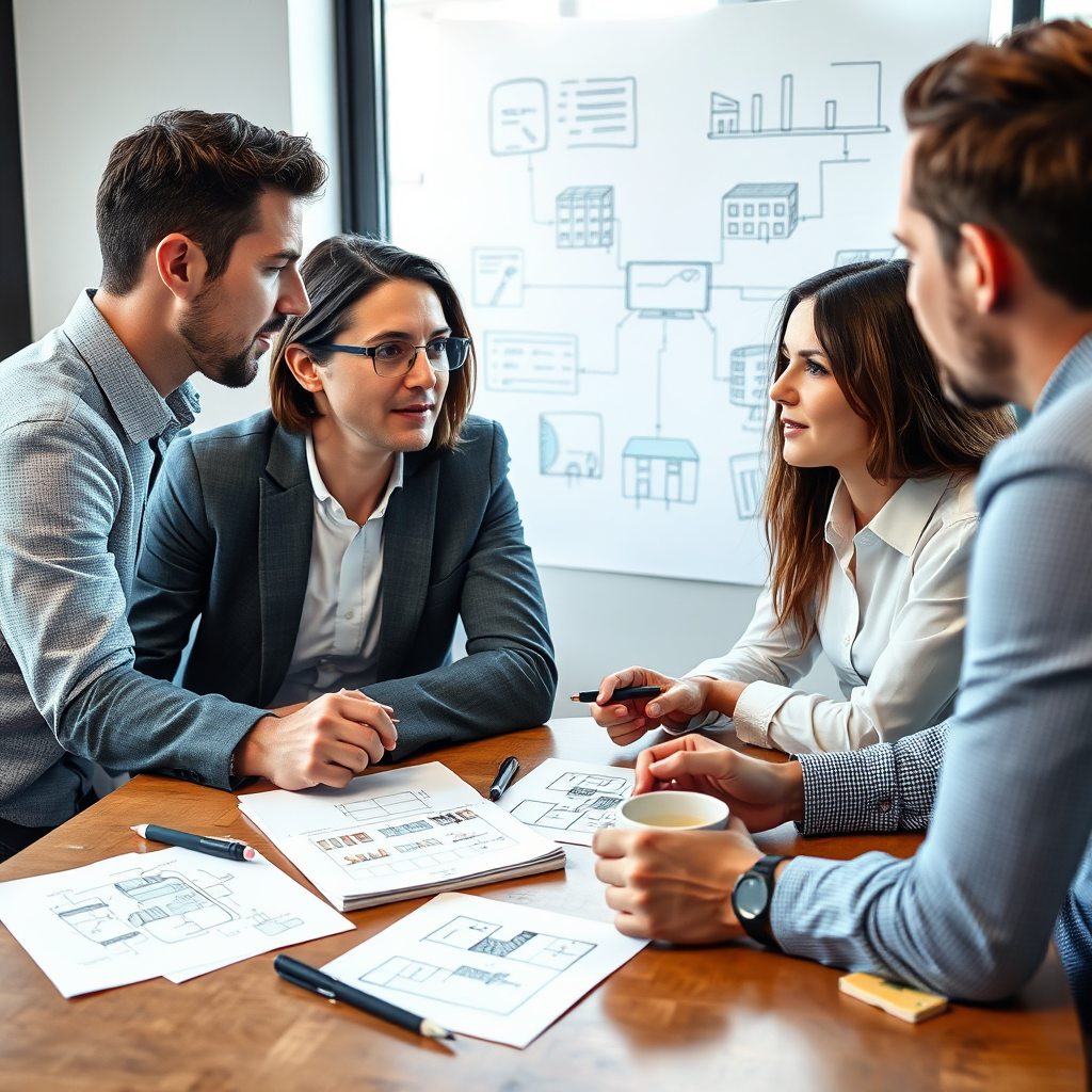 An image showing a consultant discussing project ideas with a client over coffee, surrounded by notes and sketches. The atmosphere should be relaxed yet professional, indicating partnership.