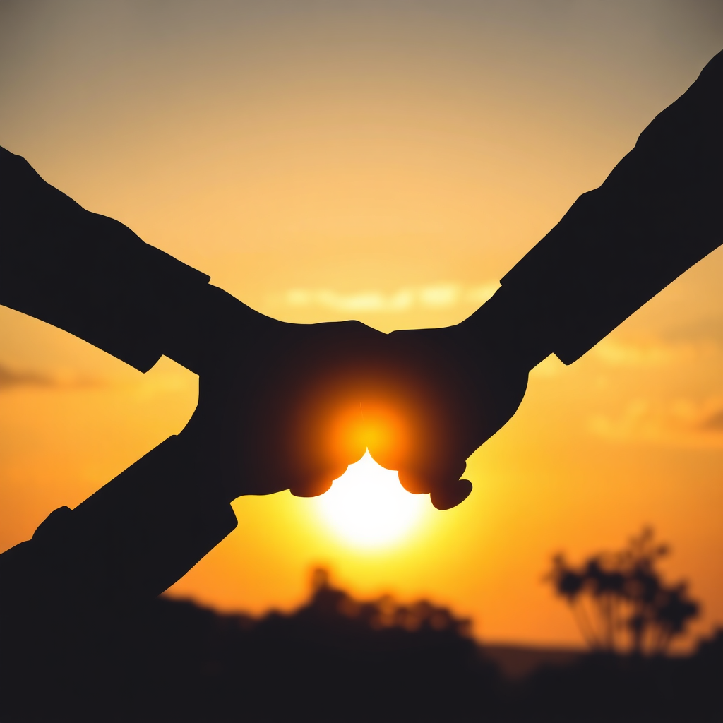 An imagery depicting handshake silhouettes against a sunset background, symbolizing cooperative relationships. Incorporate elements of growth, like upward arrows or flourishing trees.