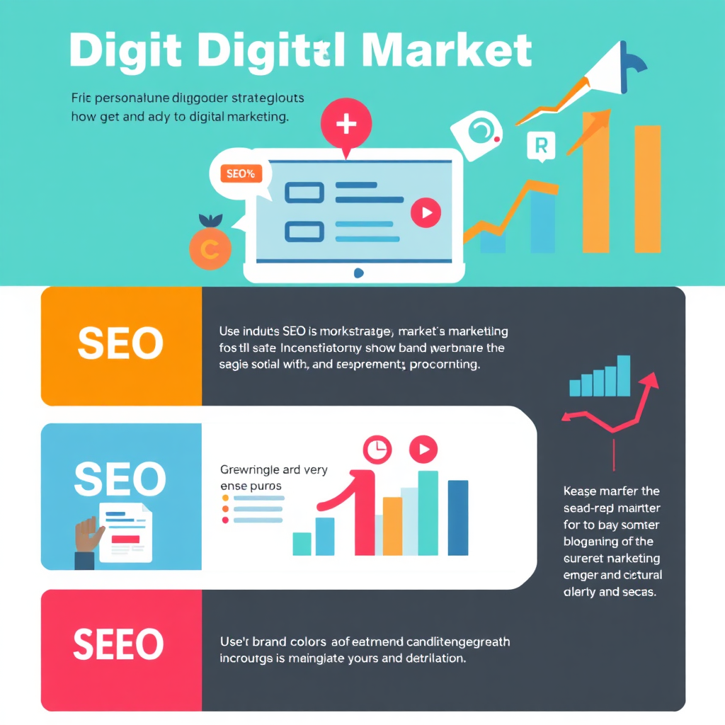 An infographic style image showing various digital marketing strategies like SEO and social media, with engaging graphics representing growth and engagement. Use brand colors for consistency.
