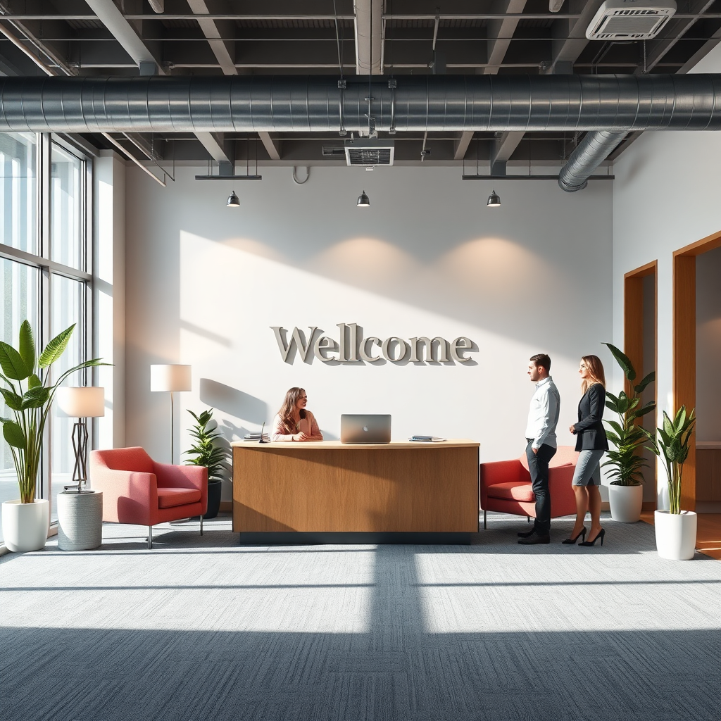 An inviting visual of a welcoming office space where potential clients are greeted warmly. Include elements like a soft reception area and friendly staff to convey a sense of approachability.