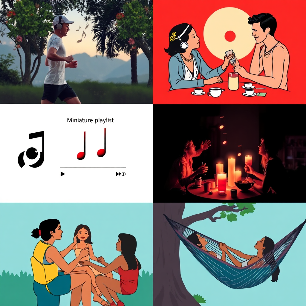 A collage of diverse scenes and activities, each accompanied by a miniature musical playlist. The scenes include: a person jogging with headphones on, a couple having a romantic dinner, a group of friends at a party, and someone relaxing in a hammock. Each scene should have its own distinct color palette and style. The overall collage should convey the versatility of music and its ability to enhance any occasion or mood.