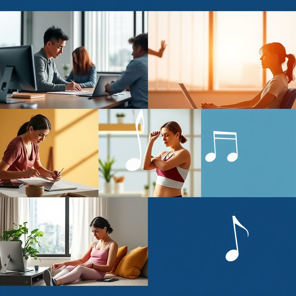 A montage image showcasing various everyday activities (working, exercising, relaxing) with subtle musical notes and symbols overlaid on each scene. The lighting is natural and bright. The color palette is clean and modern. The style should be practical and motivating.