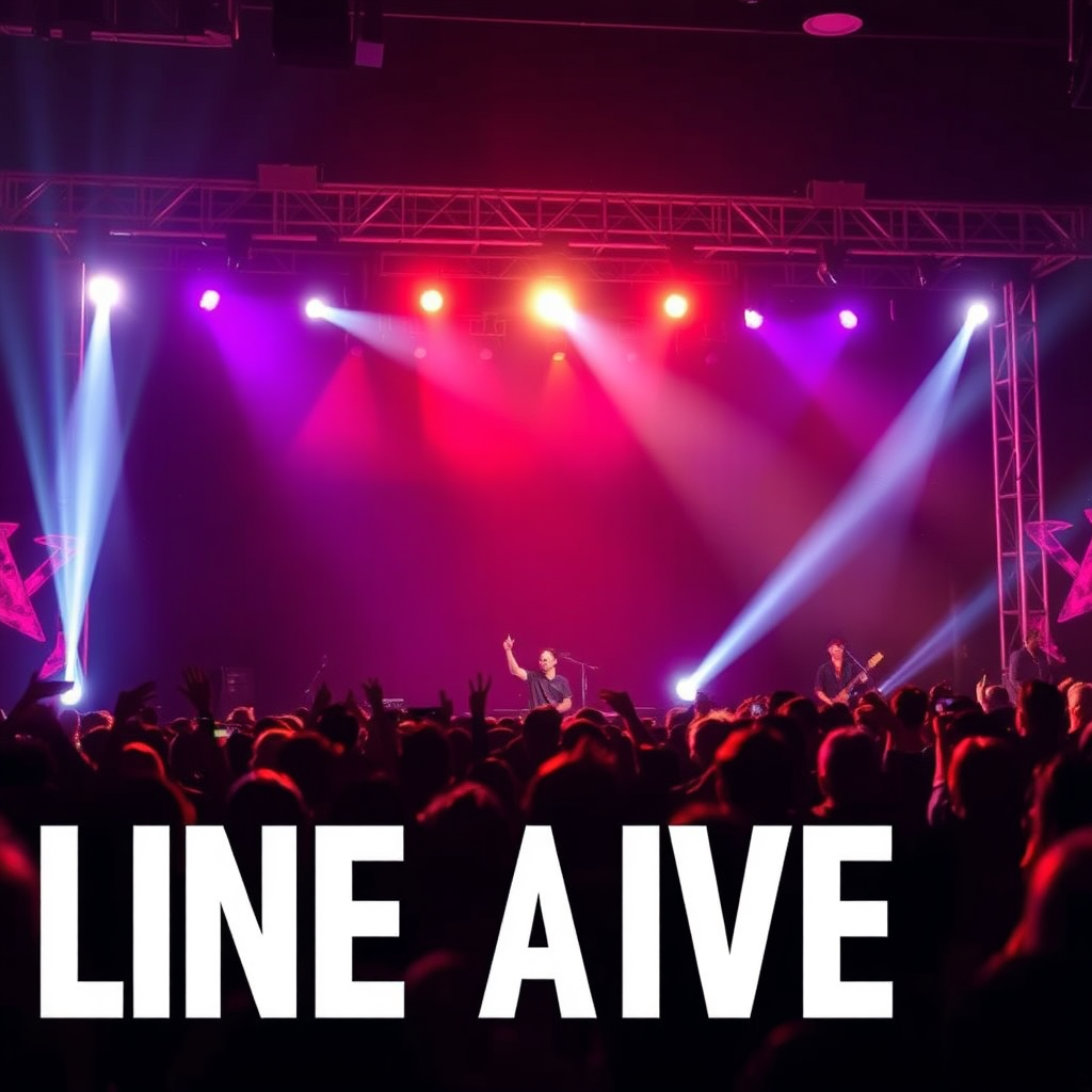 A photorealistic image of a concert crowd silhouetted against a brightly lit stage. The stage features a band performing with high energy. The lighting is dynamic and colorful. The color palette is vibrant and energetic. The style should be celebratory and uplifting.