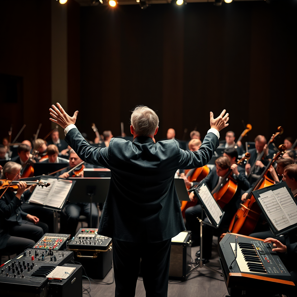 A photorealistic image of a conductor leading an orchestra, but instead of musicians, the orchestra is composed of various musical instruments and audio equipment (e.g., synthesizers, drum machines, guitars, mixing consoles). The conductor is passionately directing the flow of music, creating a harmonious and balanced sound. The lighting should be dramatic, highlighting the conductor and the instruments. The image should convey a sense of mastery and the art of crafting the perfect playlist.