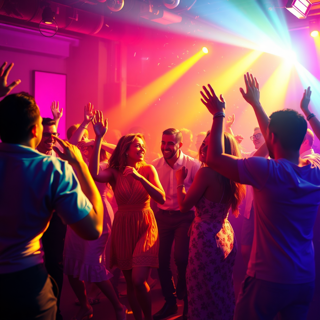A photorealistic image of a group of people dancing and celebrating at a party. The lighting is festive and colorful. The color palette is vibrant and energetic. The style should be joyful and celebratory.