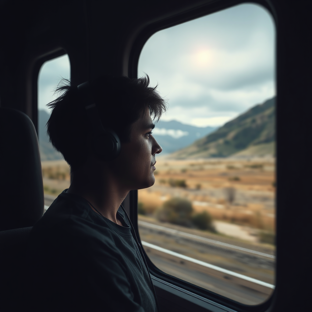 A photorealistic image of a person looking out of a train window at a passing landscape. The person is wearing headphones and listening to music. The lighting is soft and atmospheric. The color palette is muted and calming. The style should be adventurous and contemplative.