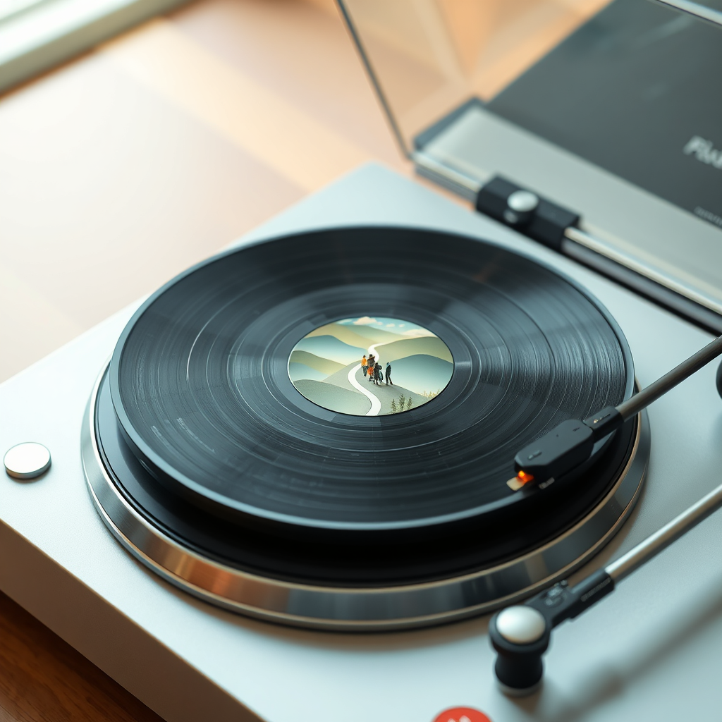 A photorealistic image of a vinyl record player with a record spinning. The vinyl is translucent, and within it, you can see a miniature landscape of rolling hills, rivers of sound waves, and tiny figures dancing to the music. The turntable is sleek and modern, contrasting with the vintage feel of the vinyl. The overall scene should evoke a sense of nostalgia and the transformative power of music in shaping our experiences.
