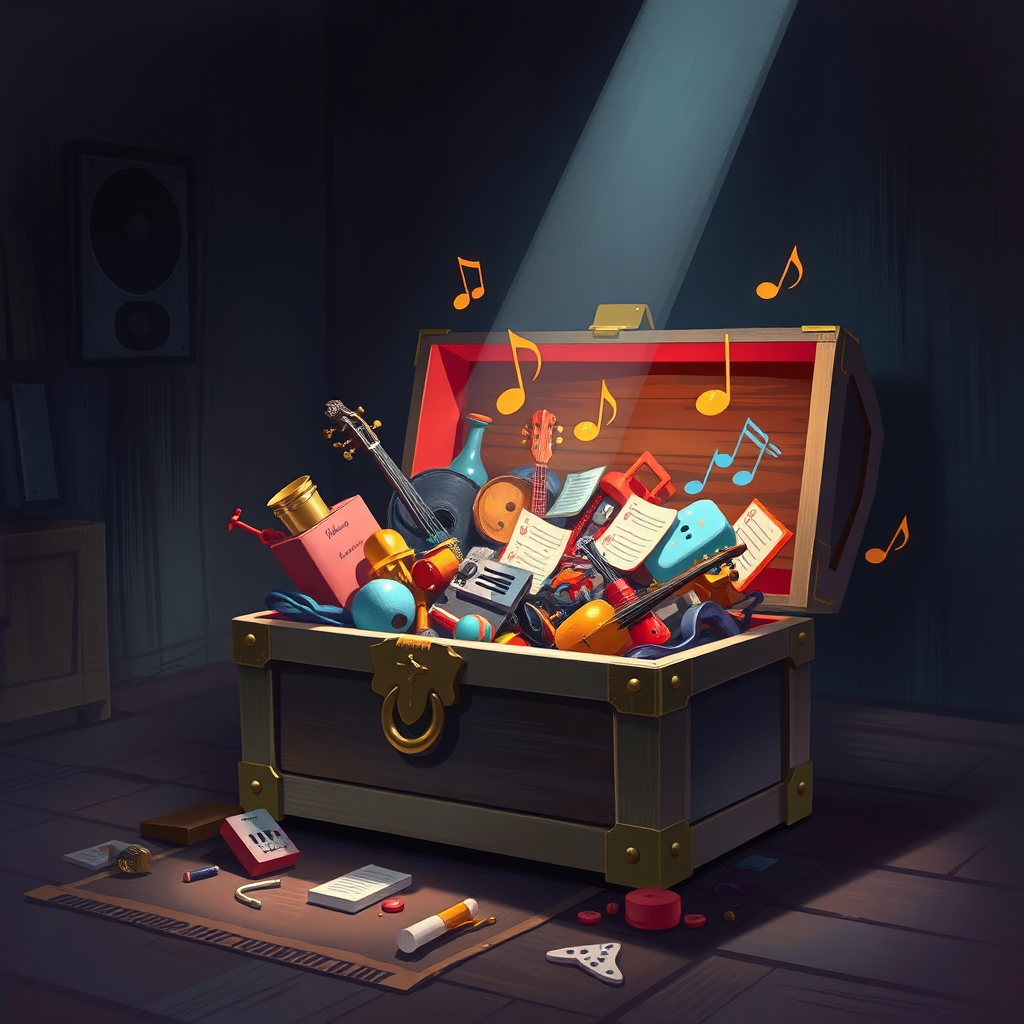 A stylized digital painting of an open treasure chest overflowing with musical notes, instruments, and abstract sound waves. The chest is located in a dimly lit room, with a single ray of light shining down to illuminate the contents. The colors should be rich and saturated, creating a sense of discovery and wonder. The overall style should be reminiscent of a fantasy illustration, emphasizing the hidden treasures within one's own playlists.