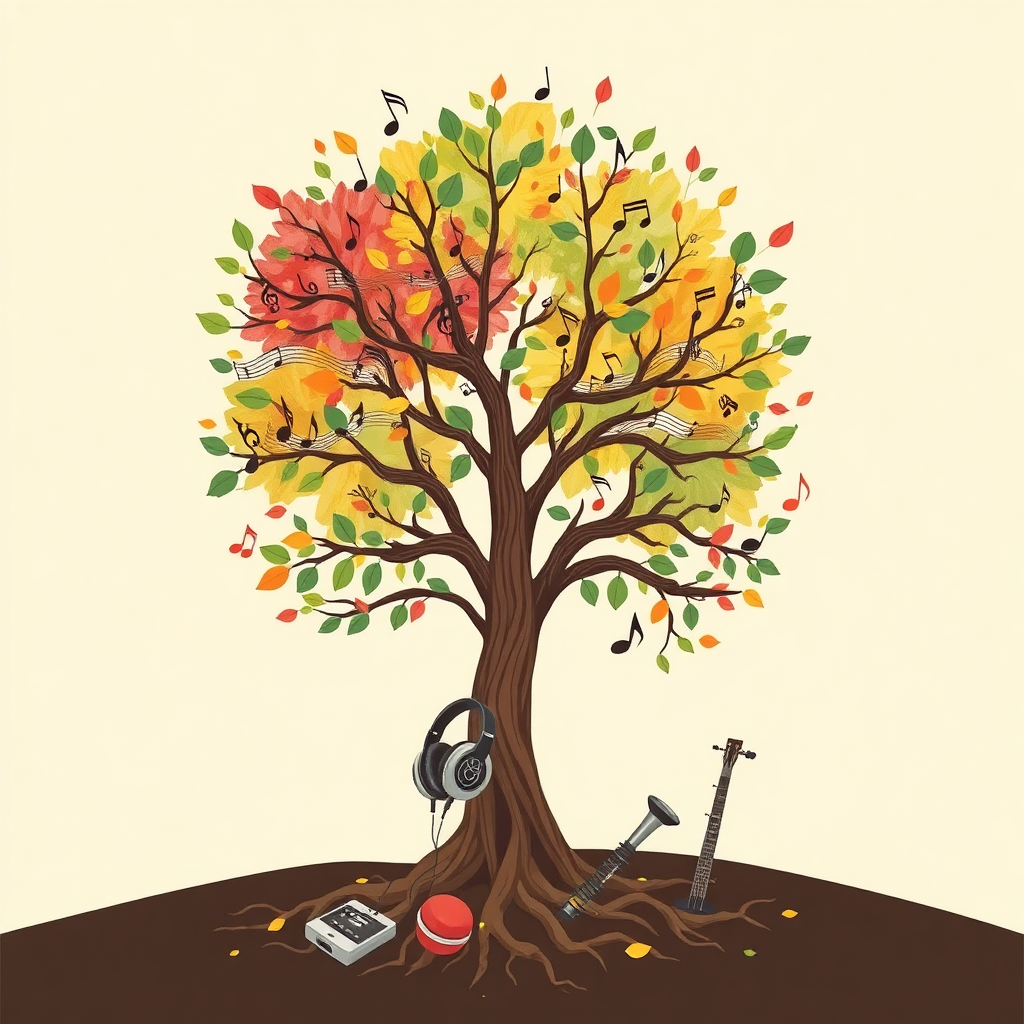 A stylized illustration of a tree whose branches are made of musical staffs and leaves are musical notes. The tree is growing through different seasons, represented by changes in color and foliage. At the base of the tree, there are roots that intertwine with headphones and musical instruments, symbolizing the growth and evolution of musical taste over time. The overall image should evoke a sense of growth, change, and the enduring connection between music and life experiences.