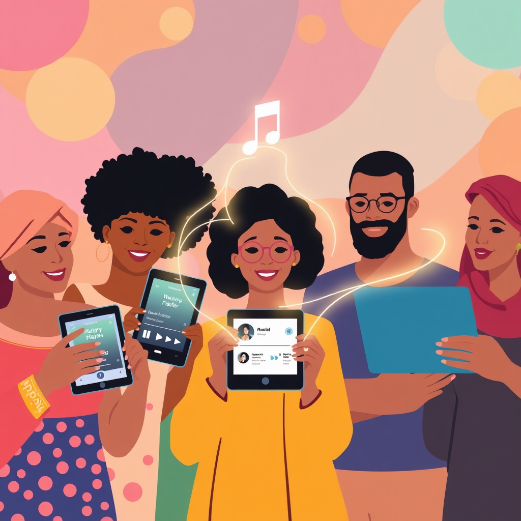 A stylized vector illustration depicting people from different cultural backgrounds connecting through a shared musical experience. Each person is holding a device (e.g., smartphone, tablet) displaying a playlist. The devices are linked by glowing lines that represent the sharing and connection of music. The background should be vibrant and colorful, symbolizing the diversity of musical tastes and cultures. The overall image should convey a sense of unity and the power of music to bring people together.