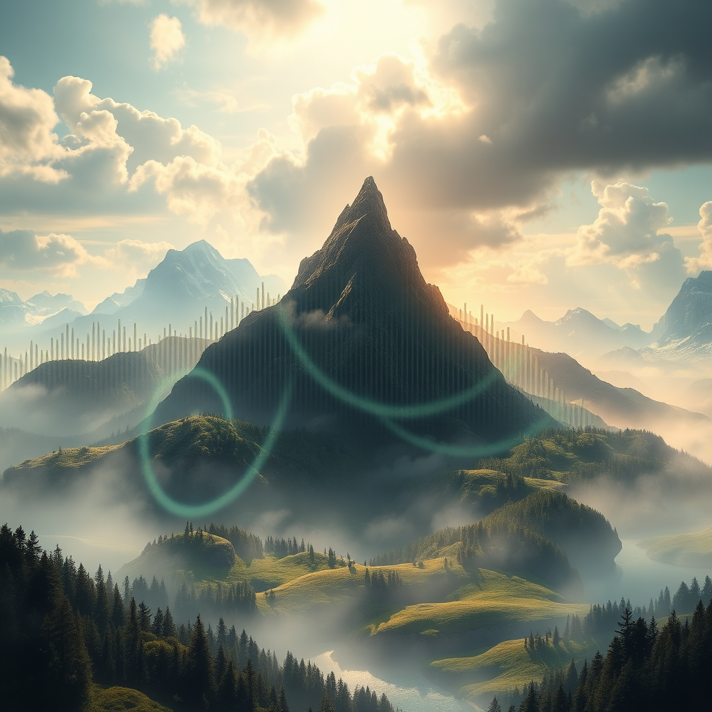 A surreal image depicting a sound wave transforming into a landscape. The landscape features various elements such as mountains, forests, and bodies of water. The lighting is ethereal and dreamlike. The color palette is rich and imaginative. The style should be fantastical and creative.