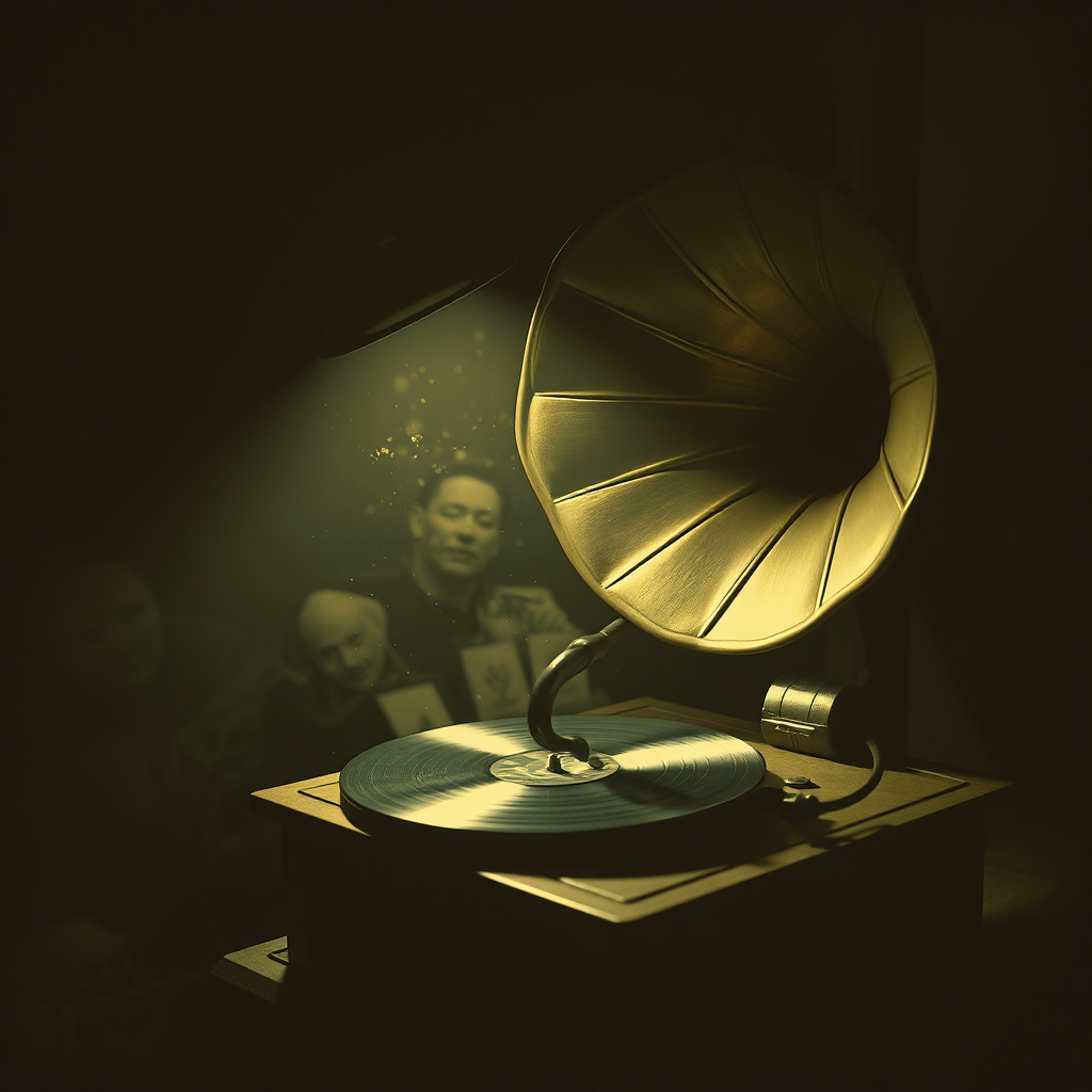 A vintage-style image depicting a gramophone playing a record in a dimly lit room. Dust particles float in the air, illuminated by a single light source. The color palette is sepia-toned and nostalgic. The style should be sentimental and evocative of a bygone era.