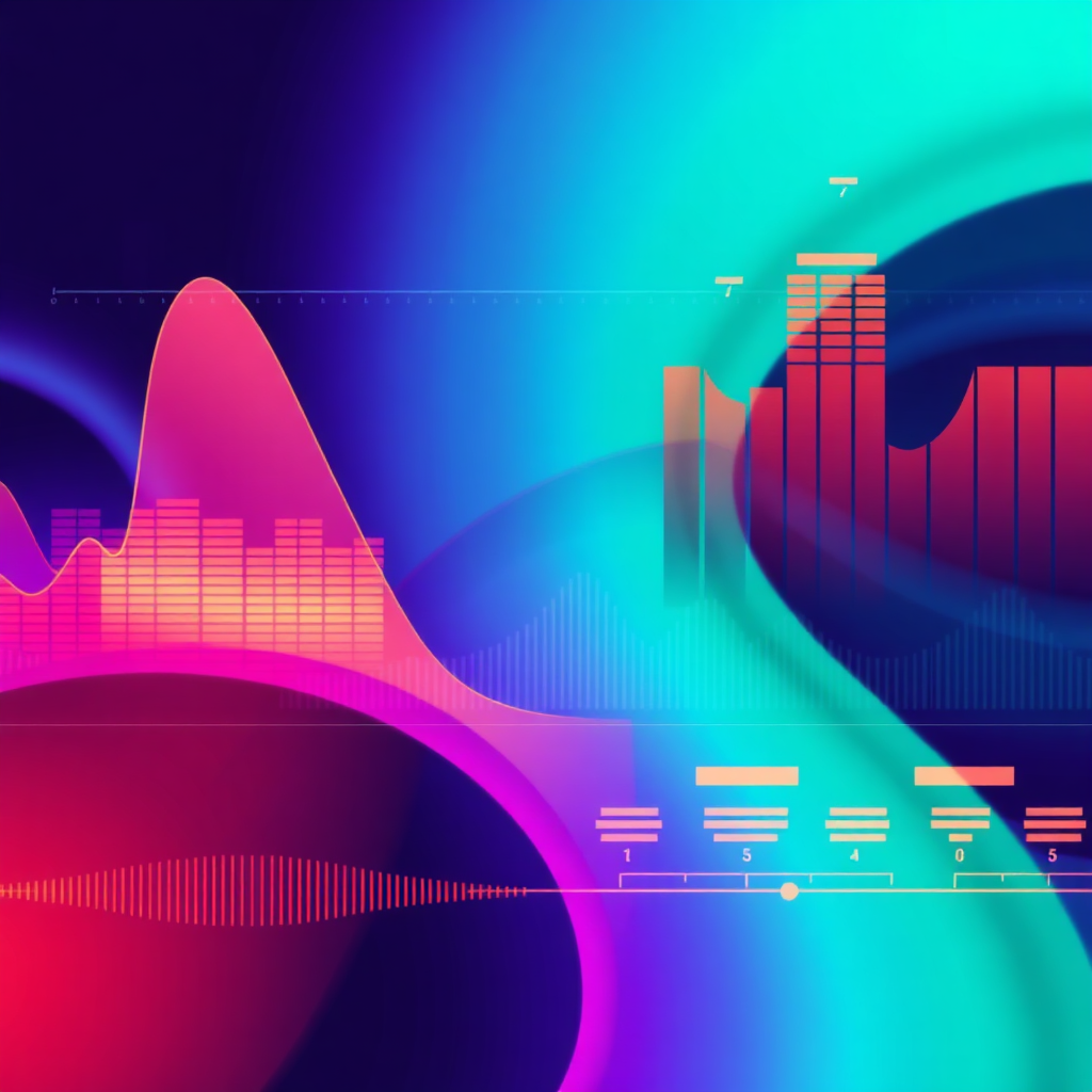 An abstract, stylized image representing the audio mixing and mastering process. Visual elements include waveforms, equalizer curves, and panning visualizations. The color palette is vibrant and dynamic. The style should be modern and artistic.