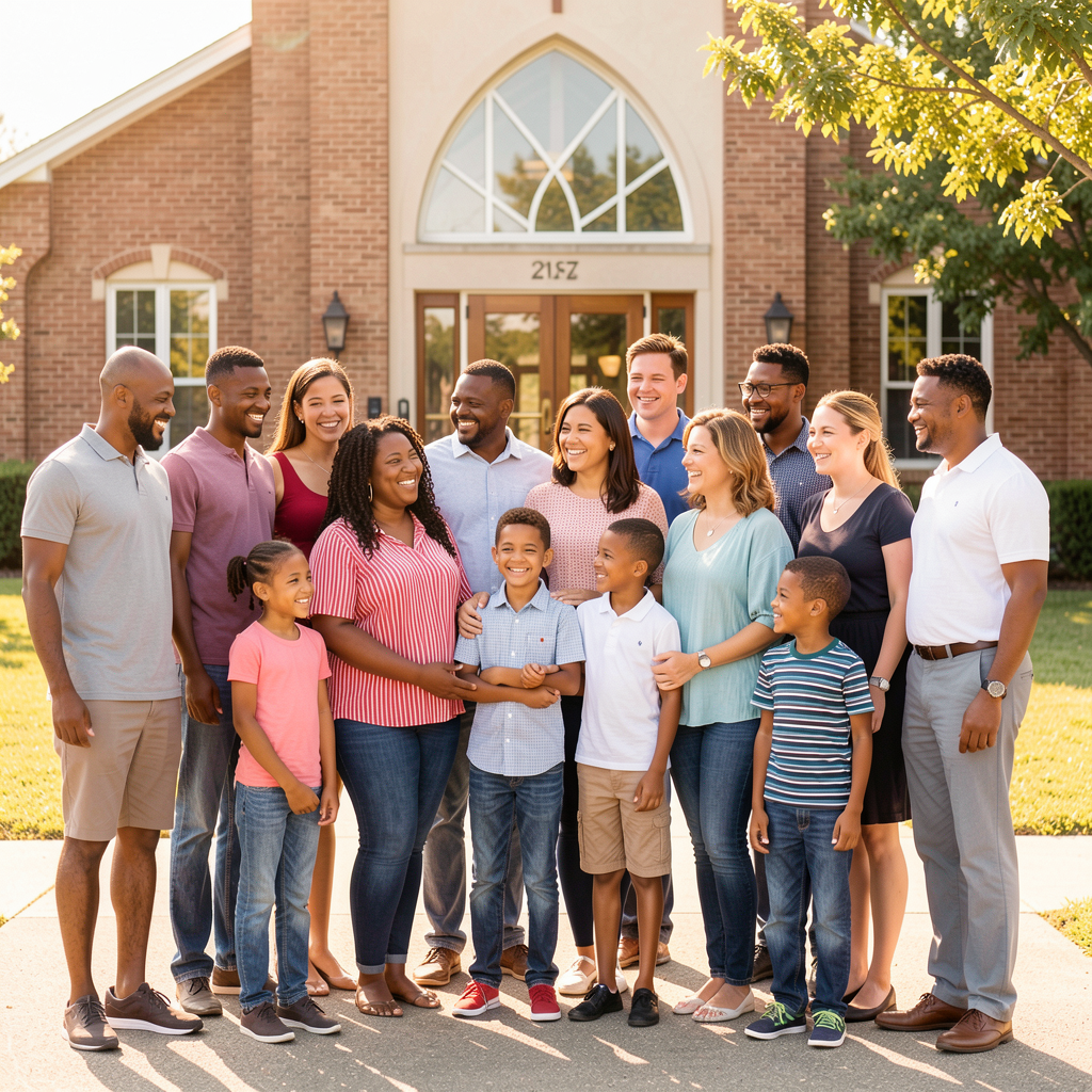 Diverse church members smiling together