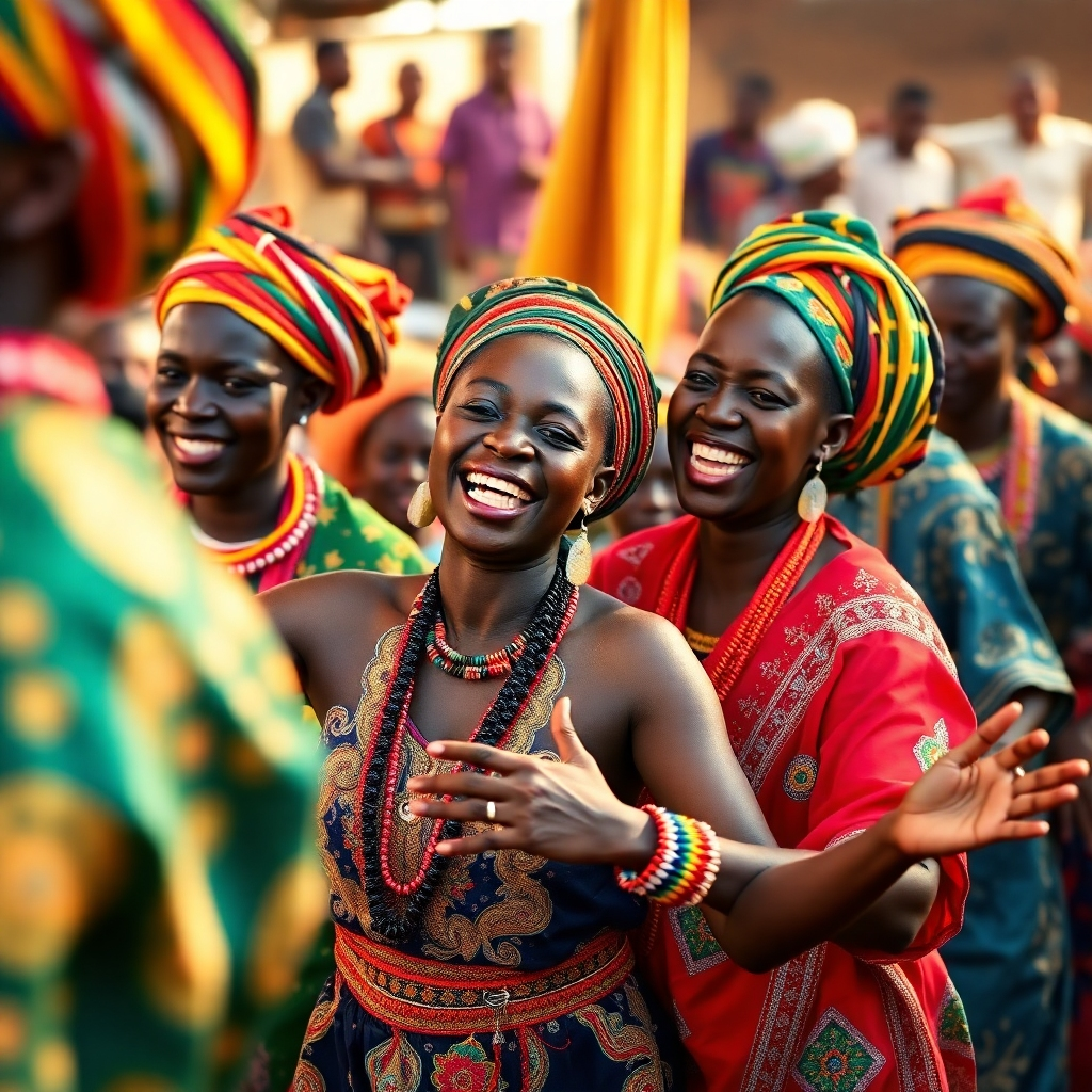 A photorealistic depiction of a vibrant South Sudanese cultural celebration—a dance, a traditional ceremony, or a festival. The image should focus on the colorful costumes, the joyful expressions, and the dynamic energy of the event, using warm lighting, a slightly high camera angle to capture the entirety, and vivid color tones reflecting the rich culture. Emphasize intricate textures of the clothing and other cultural artifacts. The scene should feel lively and celebratory.