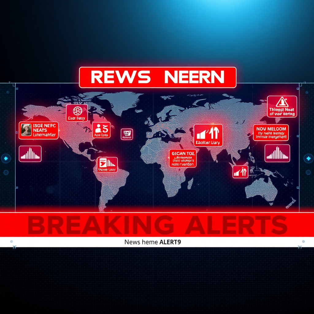 Create a dynamic image representing breaking news alerts. It should feature a world map with flashing icons highlighting various news events, indicating immediate and critical information. Render in 4K.
