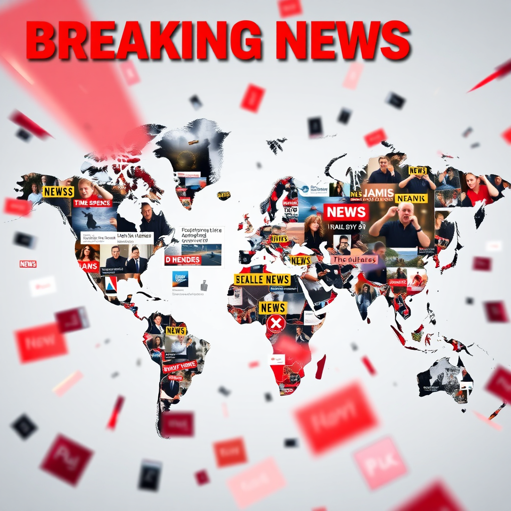 Create a dynamic image representing breaking news. The image should feature a collage of news headlines and images, overlaid on a map of the world. The color palette should be urgent and attention-grabbing, with reds, yellows, and blacks. The composition should be chaotic and energetic. Render in 4K.
