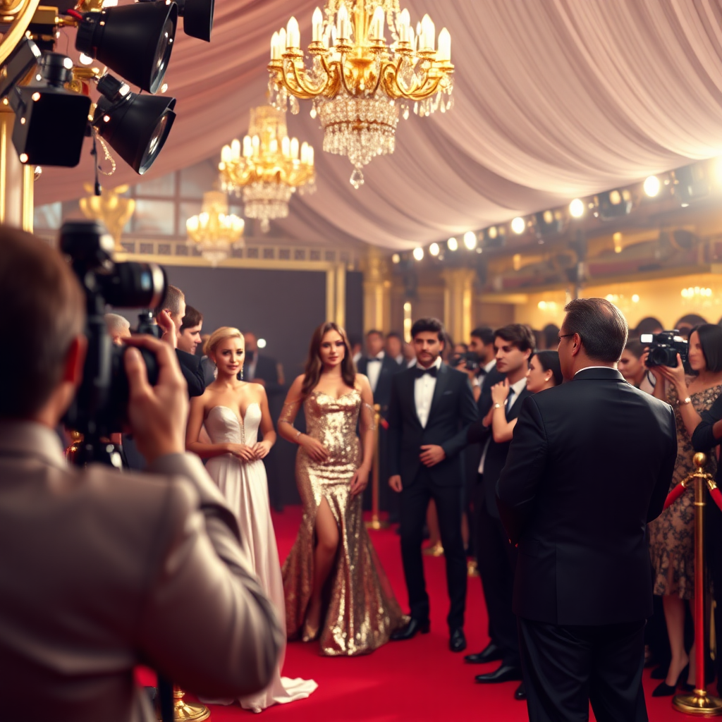 Create a glamorous image representing entertainment news. The image should feature a red carpet event, with celebrities posing for photographers. The color palette should be luxurious and stylish, with golds, silvers, and blacks. The composition should be elegant and sophisticated. Render in 4K.