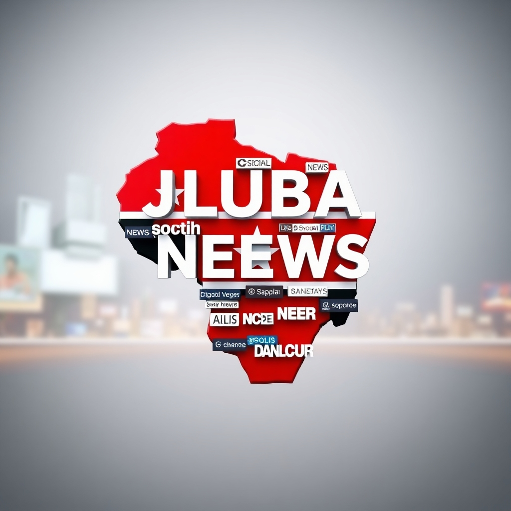 Create a photorealistic 4K image representing the Juba Global News Network. The image should depict a stylized map of South Sudan with news headlines superimposed on top. The headlines should be visually engaging, using a variety of fonts and sizes to add visual interest. The color palette should incorporate the colors of the South Sudanese flag, creating a sense of patriotism. The lighting conditions should be soft and diffused, avoiding harsh shadows. The camera angle should be a straight-on view of the map. Texture details should be refined, creating a clean and professional look. The environment should be simple and minimalistic, focusing attention on the map and headlines. Relevant props could include subtle background elements suggesting news media. Style references could be sleek and modern news websites. The overall style should be high-quality and professional, communicating trustworthiness and credibility.