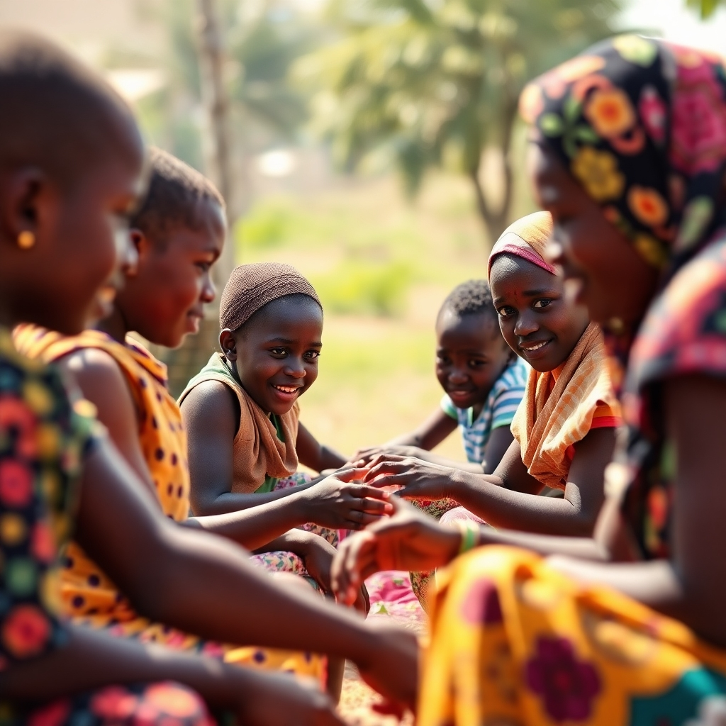 Create a photorealistic, high-resolution image representing social cohesion and development in South Sudan. It should feature South Sudanese people engaging in positive social activities—children playing, people working collaboratively, or community gatherings. The image should be brightly lit, conveying a sense of warmth and optimism. The camera angle should be from a moderate distance to include multiple subjects, creating a feeling of unity and community.