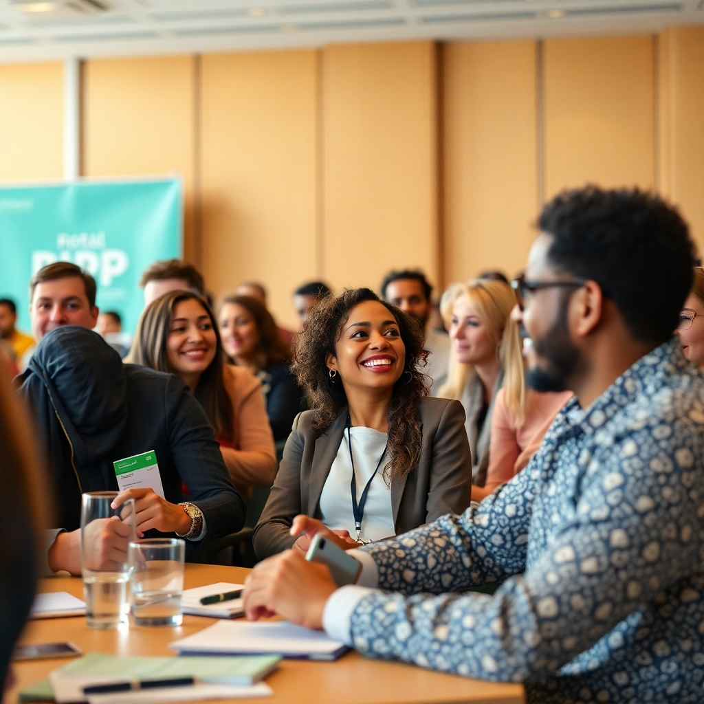 Create a photorealistic image of a PPP party meeting or conference, showcasing diverse attendees engaged in discussions. The image should focus on lively participation and collaboration, conveying the inclusive nature of the party. Use warm and inviting lighting with neutral color tones, and a medium shot to ensure clarity and engagement with the viewer.