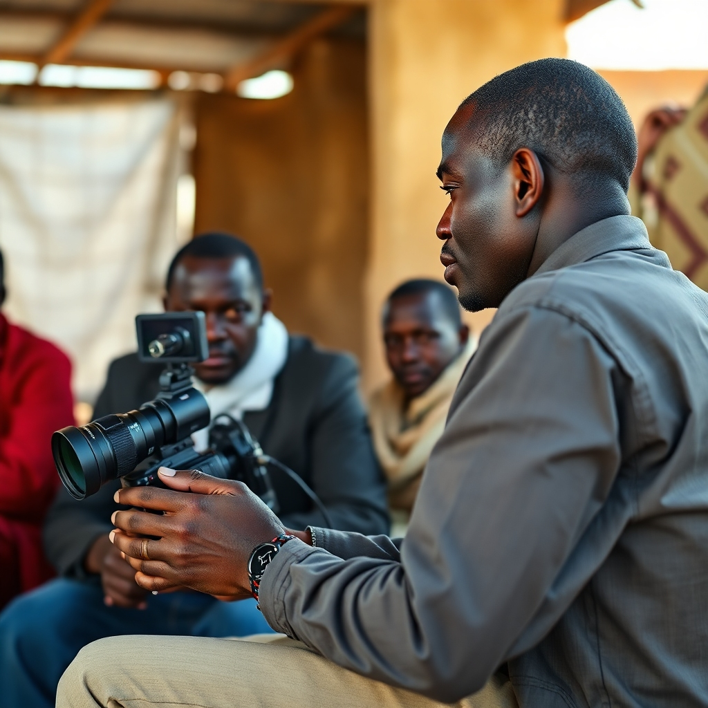 Create a photorealistic image of a journalist reporting from South Sudan. The photo should show the journalist interacting with sources, capturing the authenticity of the news gathering process. The lighting should be natural and well-balanced. The camera angle should be a medium shot, bringing the viewer into the scene. The overall style should evoke a sense of trust and reliability.