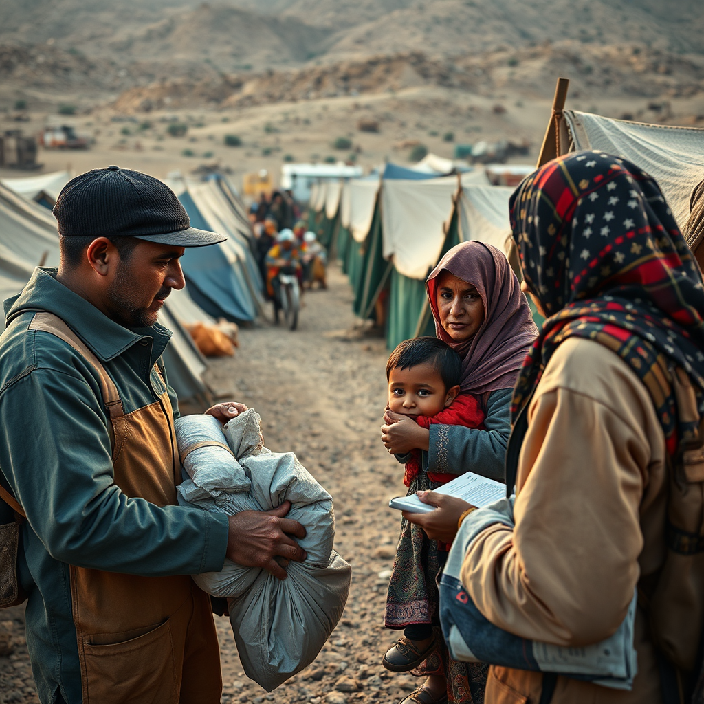 Create a photorealistic image of humanitarian aid workers providing assistance to refugees. The scene should be set in a refugee camp, with tents and supplies visible. The lighting should be warm and compassionate, with a color palette of earthy tones. The camera angle should be eye-level, capturing the human element of the crisis. Render in 4K.