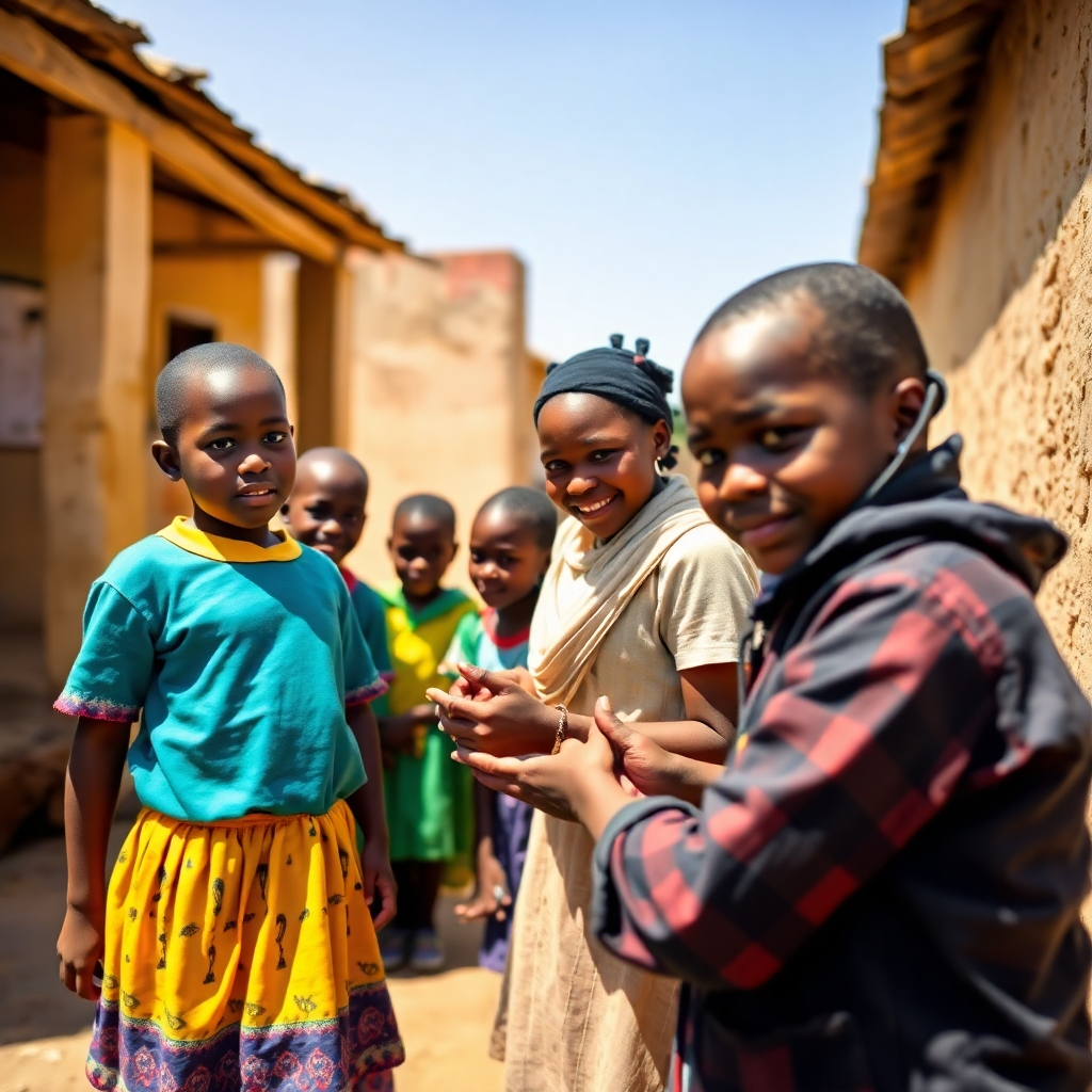 Create a photorealistic image depicting a community project or initiative in South Sudan addressing a social issue, such as education, healthcare or infrastructure development. The photo should capture the positive impact of the project and the engagement of the local community. The lighting should be natural daylight, providing a bright and warm tone to the photo. The color palette should be vibrant, conveying energy and hope. The camera angle should be from an engaging vantage point, bringing the viewer into the scene. Texture details should be lifelike, adding depth to the image. The overall style should convey a sense of positivity and community involvement.