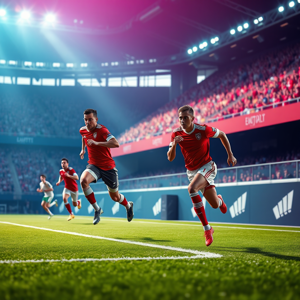 Create a photorealistic image of a major sporting event. The image should feature athletes in action, with a crowd of cheering fans in the background. The color palette should be vibrant and exciting, with reds, blues, and greens. The composition should be dynamic and action-packed. Render in 4K.