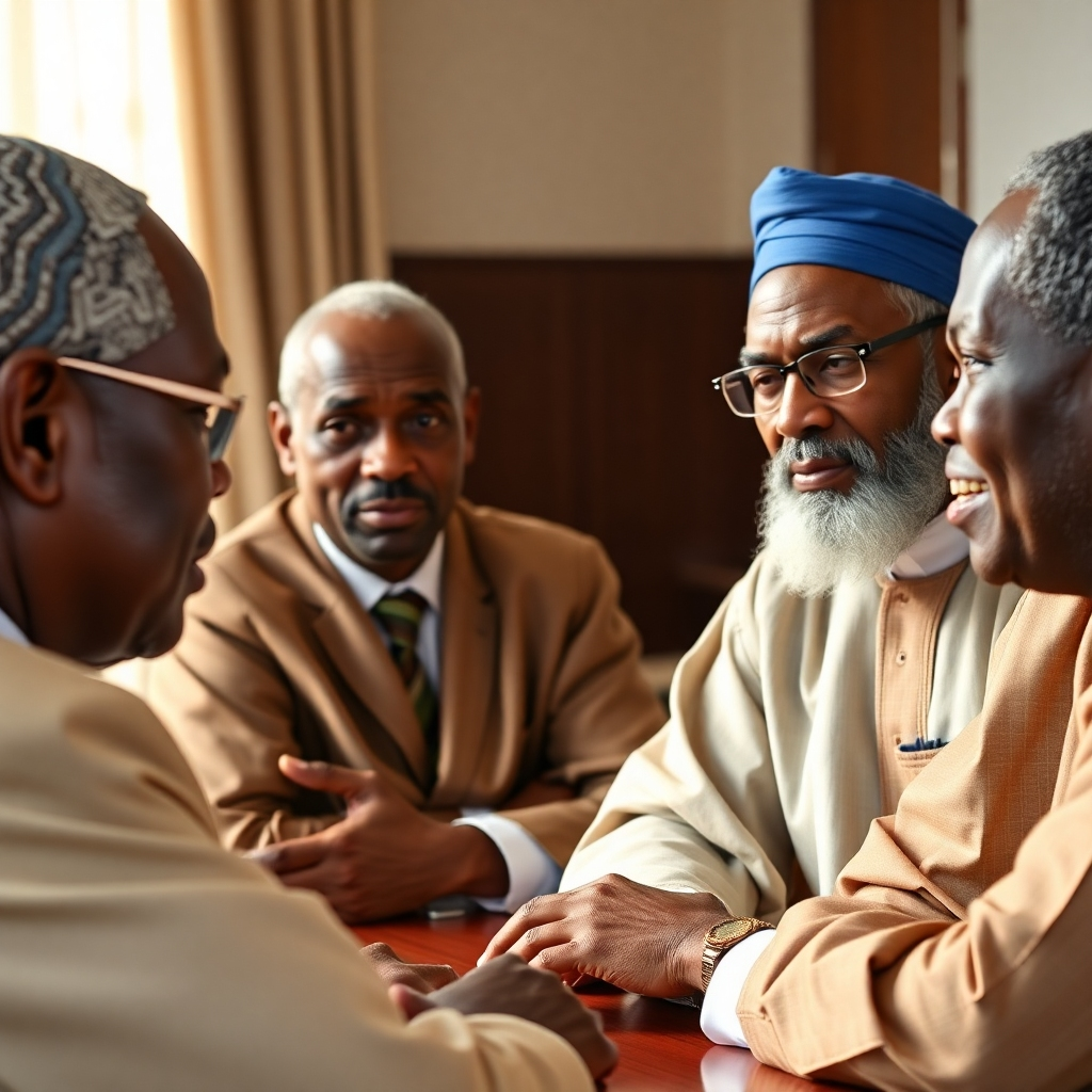 Create a photorealistic image depicting a meeting of South Sudanese political leaders, conveying seriousness and engagement in a discussion, using natural indoor lighting and neutral-toned clothing and a formal setting.  The camera angle should be slightly elevated. Use high resolution to capture the details of the expressions. The focus should be on meaningful interaction among the figures, conveying engagement and collaboration.