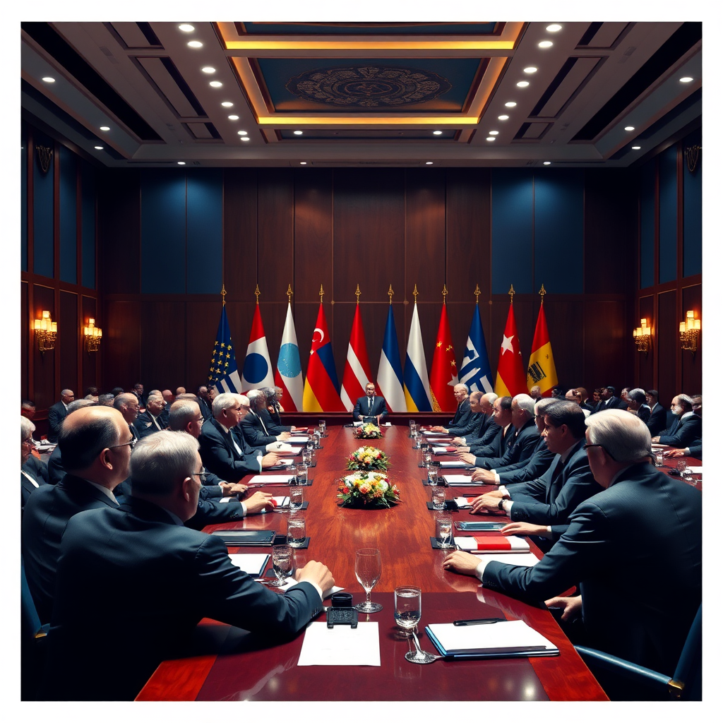 Create a photorealistic image of world leaders engaged in a diplomatic summit. The scene should be set in a grand hall, with flags of different nations visible. Lighting should be formal and respectful, with a color palette of blues and golds. The camera angle should be a wide shot, capturing the scale of the event. Textures should be detailed, showing the fine fabrics of suits and the polished surfaces of tables. The environment should suggest international cooperation and diplomacy. Render in 4K with detailed realism.