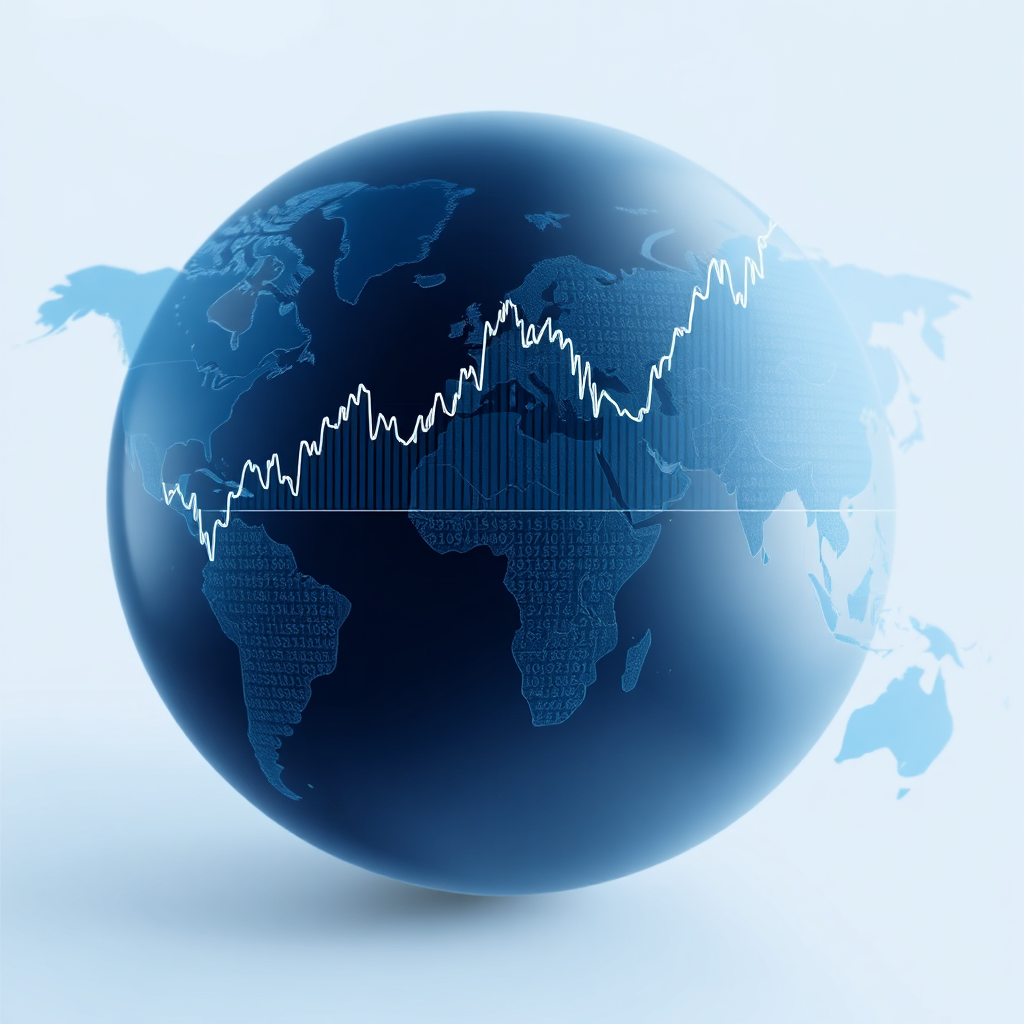Create a photorealistic image representing the global economy. The image should feature a graph displaying economic data, overlaid on a map of the world. The color palette should be serious and professional, with blues and grays. The composition should be clear and informative. Lighting should be soft and even. Render in 4K.