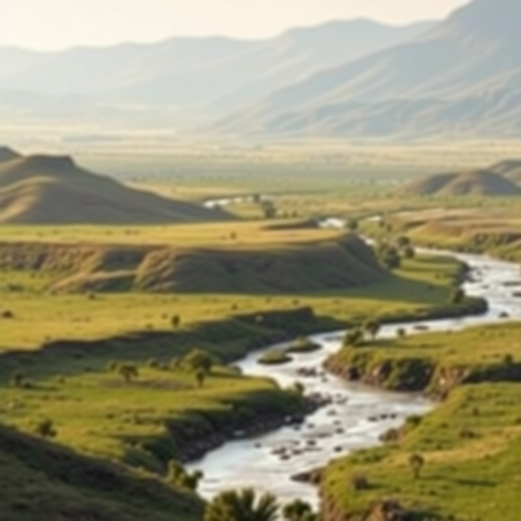 Create a photorealistic image depicting a beautiful natural landscape in South Sudan. This could include the vast plains, rivers, or mountains. The image should emphasize the natural beauty of the environment and the importance of conservation. The lighting should be soft and natural, creating a serene and peaceful atmosphere. The composition should be balanced and pleasing, using the rule of thirds for an engaging effect.