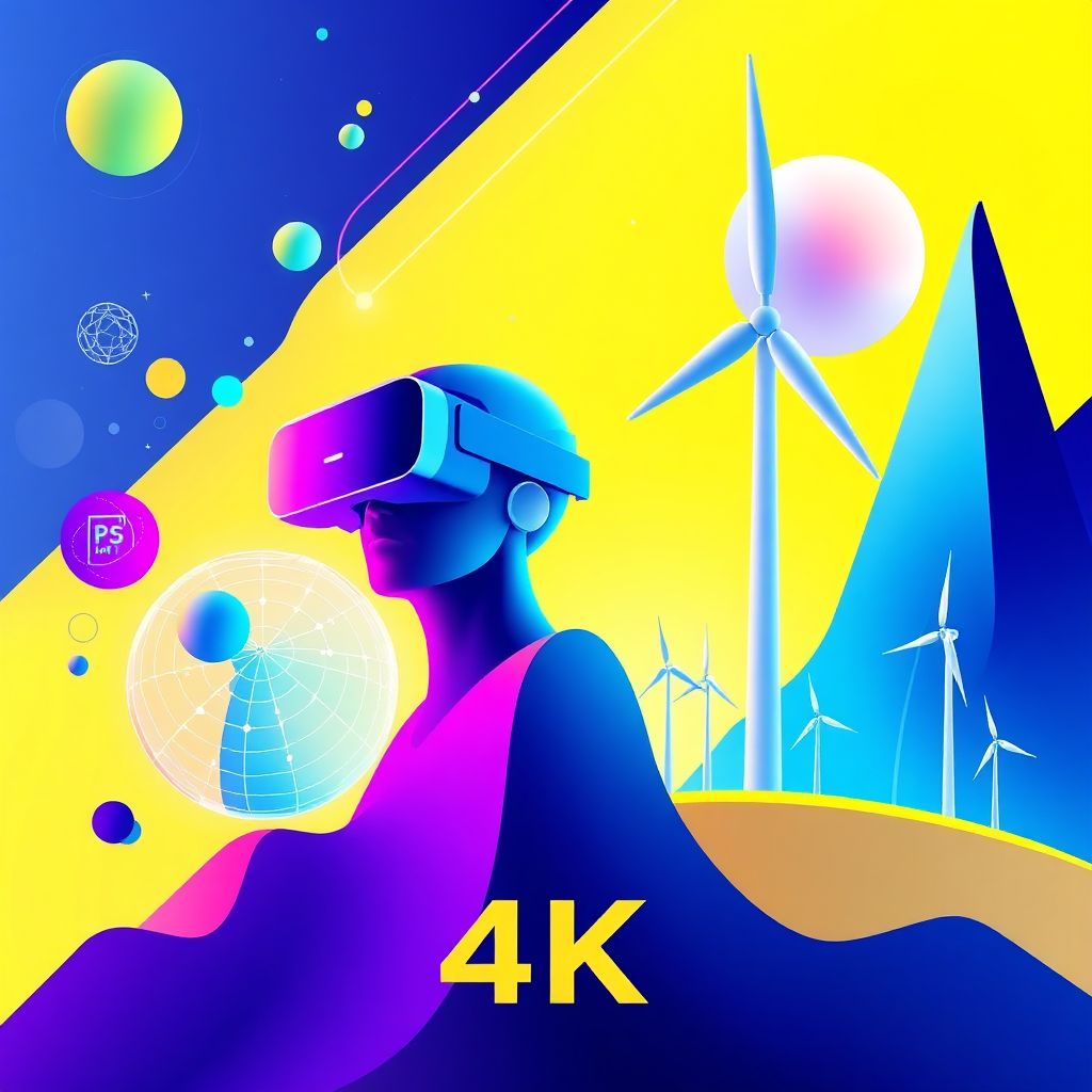 Create a stylized image of cutting-edge technology. The image should feature abstract shapes representing artificial intelligence, virtual reality, and renewable energy. The color palette should be futuristic and exciting, with blues, purples, and greens. The composition should be dynamic and visually appealing. Render in 4K.