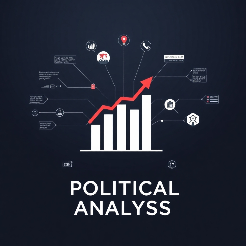 Create a stylized image representing political analysis; perhaps a stylized graph with data points rising, symbolizing progress, or a mind map connecting different political concepts, using a sharp color palette and a focus on visual details. The image should be elegant and professional. The camera angle should be straight on.