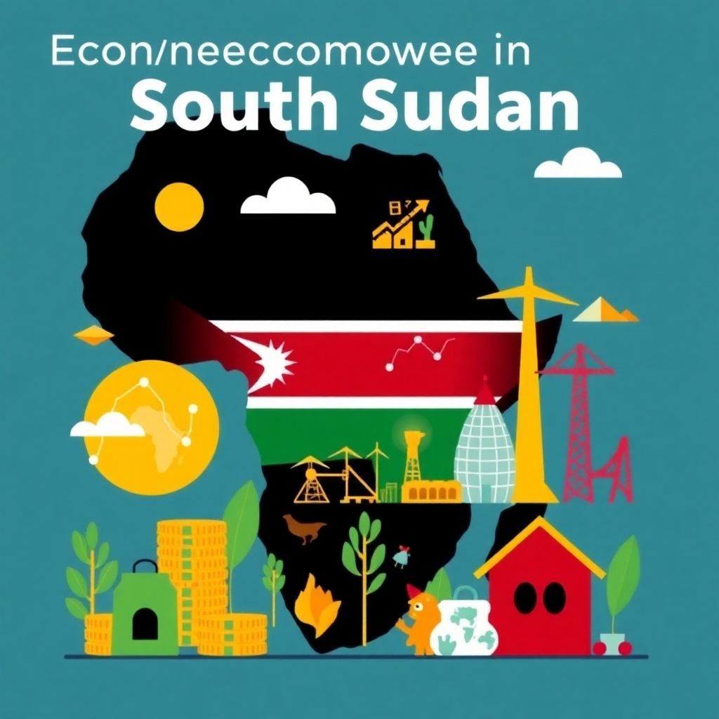 Create a stylized image representing economic growth and development in South Sudan. It could feature a combination of abstract elements representing financial progress and visual elements representative of South Sudanese industry and resources. The image should have a vibrant color palette to convey hope and economic opportunity. The style should lean towards modern infographic design, using color, shapes, and data visualization techniques to communicate progress visually.
