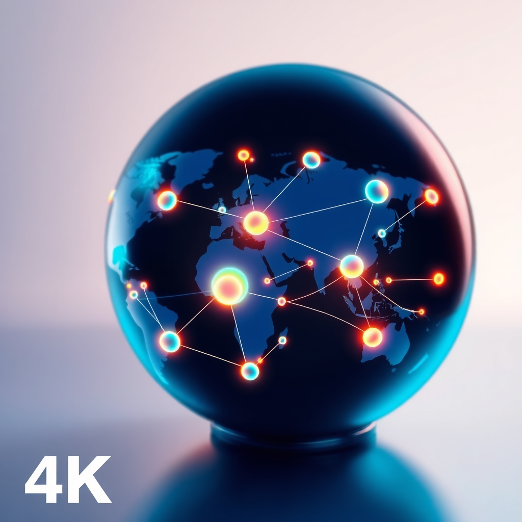Create a stylized image representing global business trends. The image should feature a network of interconnected nodes representing different markets, with lines of data flowing between them. The color palette should be modern and dynamic, with blues, greens, and oranges. The composition should be abstract and visually engaging. Lighting should be bright and energetic. Render in 4K.
