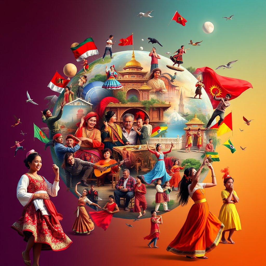 Create a vibrant image showcasing the diversity of global cultures. The image should be a montage of scenes from different countries, including traditional dances, musical performances, and artistic creations. The color palette should be rich and varied, with a focus on bright and festive colors. The composition should be dynamic and engaging. Render in 4K.