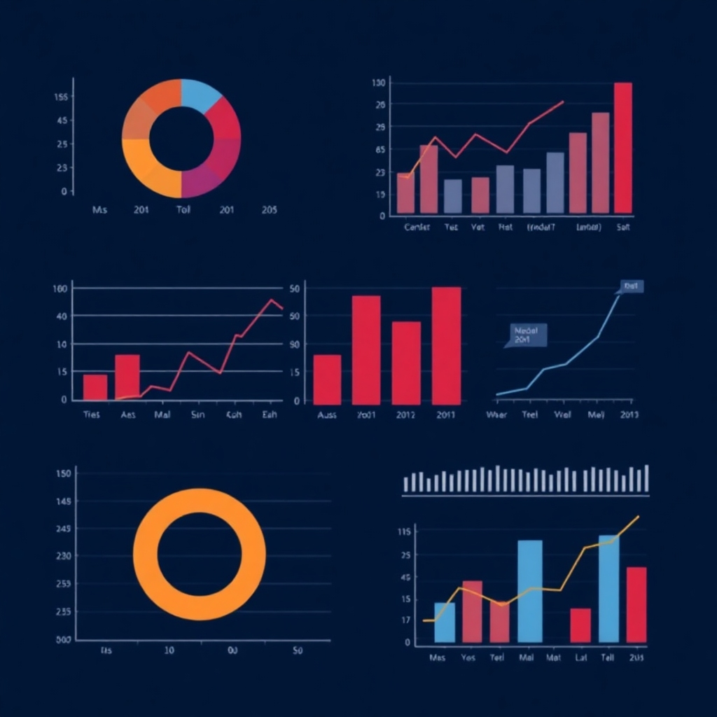 Create an image depicting graphs, charts, and data visualization that demonstrate insightful analysis. The visual style should be clear, concise and informative, using a modern color scheme. The lighting should be balanced and neutral, avoiding any distracting shadows. The overall style should portray professionalism and accuracy.