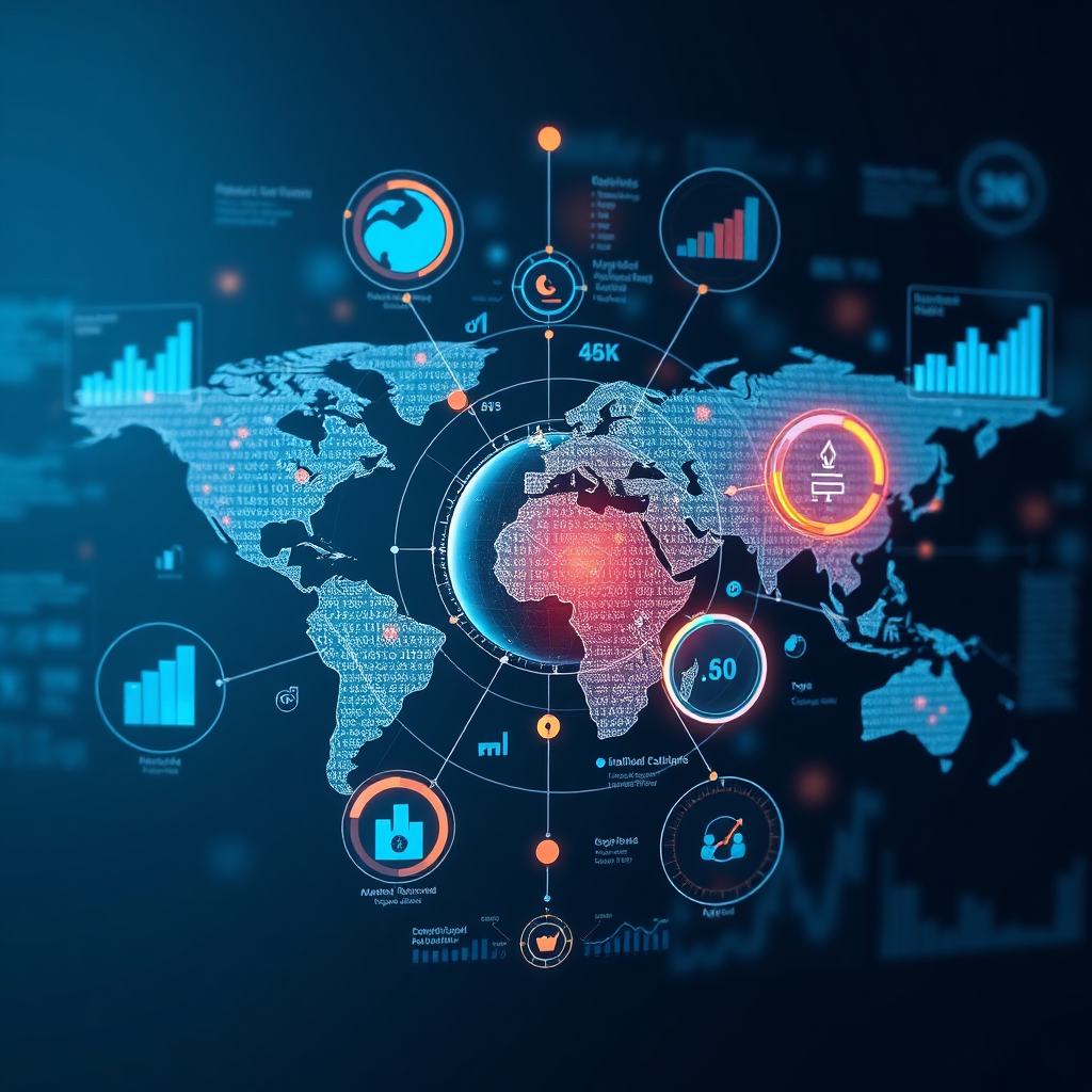 Create an image representing in-depth analysis of complex global issues. The visual should include interconnected data visualizations and analytical charts, suggesting a thorough examination of various factors. Use a professional and informative style. Render in 4K.