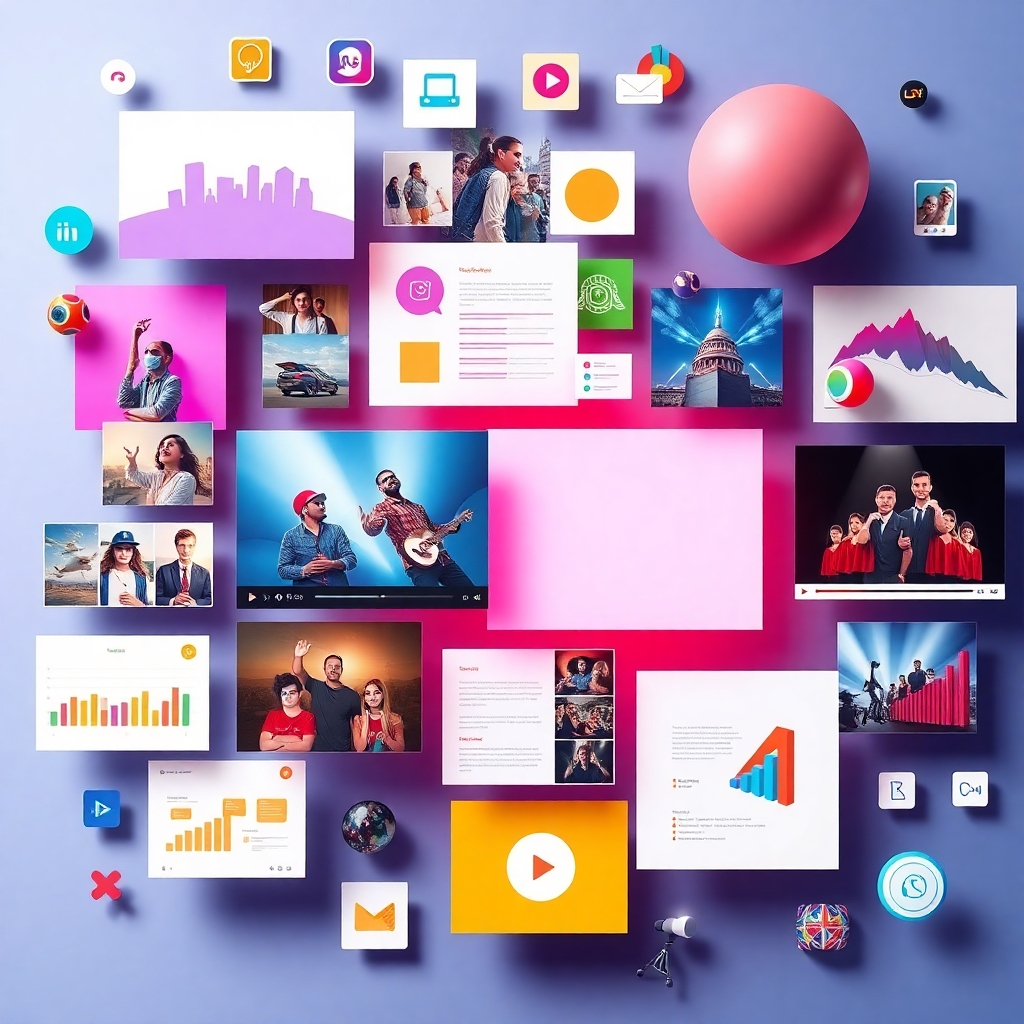 Create an image showcasing a variety of multimedia elements: photos, videos, infographics, etc. The style should be visually appealing and should effectively communicate the dynamic nature of the platform. The color palette should reflect a sense of energy and vibrancy. The lighting should be well-balanced, ensuring all elements are easily visible. The overall style should be modern and engaging.