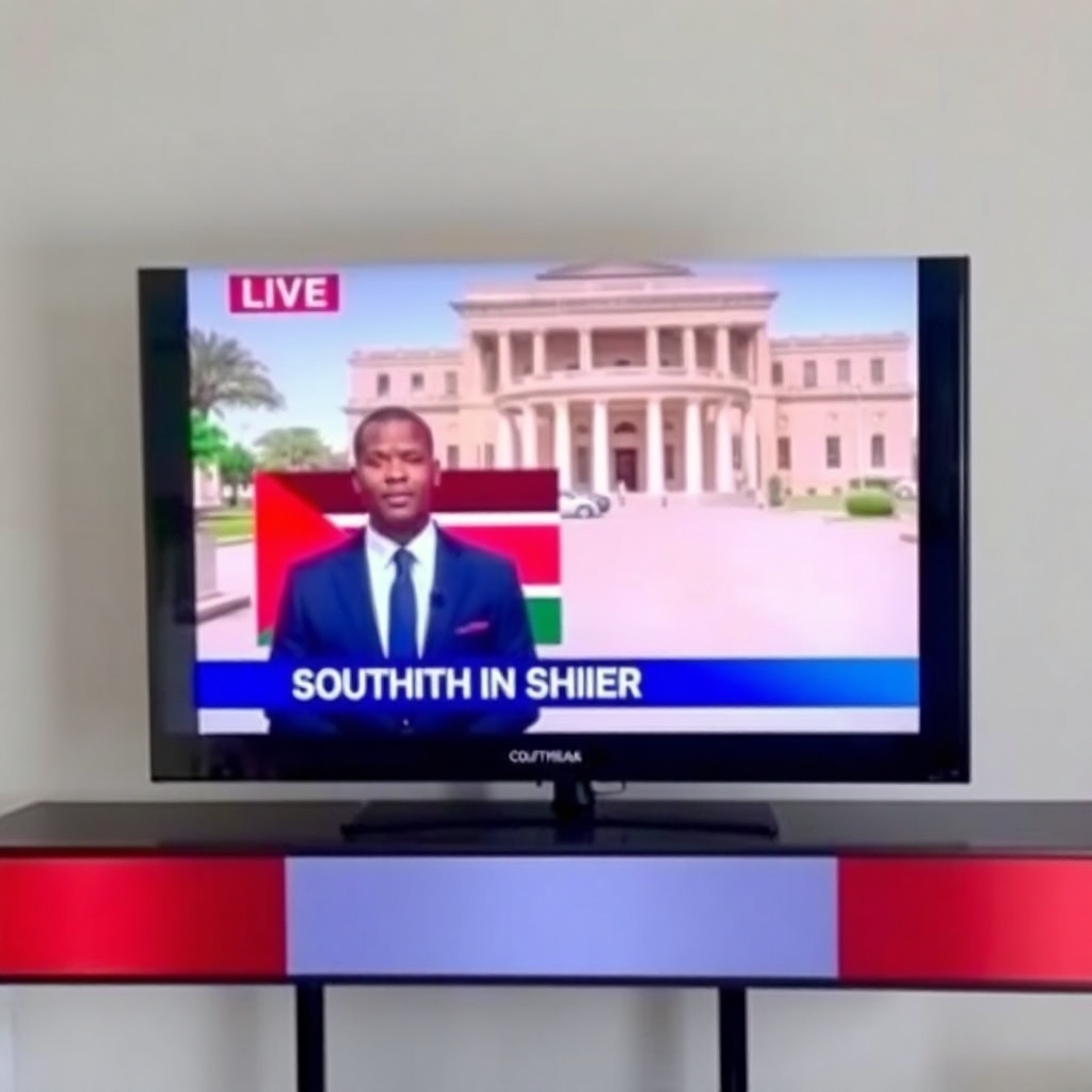 Create an image simulating a live news broadcast from South Sudan, perhaps with a reporter standing in front of a significant location or building in the country. The screen should display live news graphics, with a professional news anchor present. The overall style should be of a high-quality television news broadcast, portraying professionalism and accuracy.