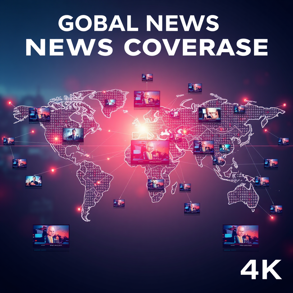 Create an image that visually represents global news coverage. It should feature a world map with interconnected data points and news feeds converging on a central location, symbolizing comprehensive coverage. Use a professional and informative style. Render in 4K.