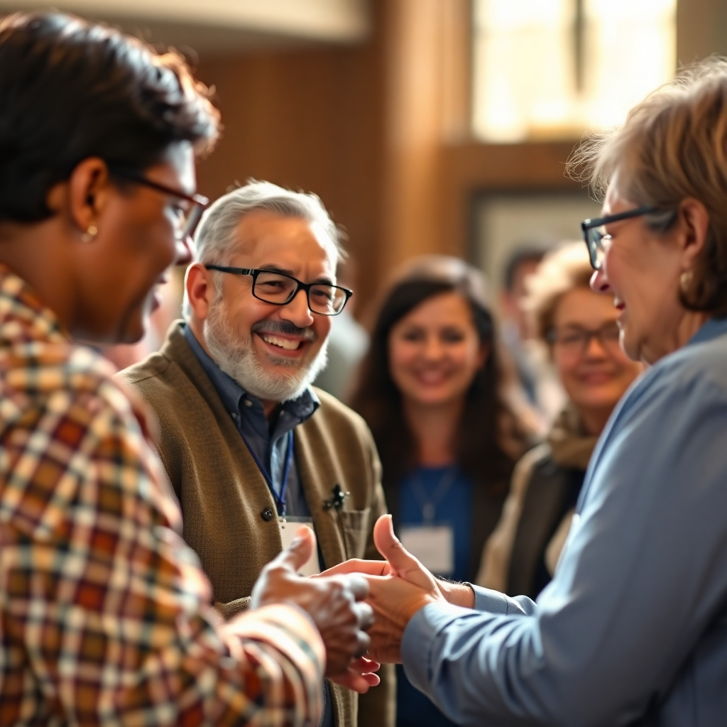 Generate a photorealistic image of a PPP representative engaging with the community; possibly a town hall meeting or community event. The image should focus on positive interaction and collaboration, conveying mutual respect and understanding. The lighting should be bright, creating a positive atmosphere.