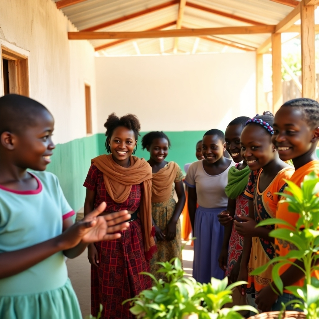 Generate a photorealistic image of a successful community project in South Sudan. This could be a newly built school, a clinic, or a community garden. The image should showcase happy people interacting in the project, conveying a sense of accomplishment and mutual support. The lighting should be bright and natural, and the colors should be vibrant. The image should highlight the details of the project and its positive impact on the community.