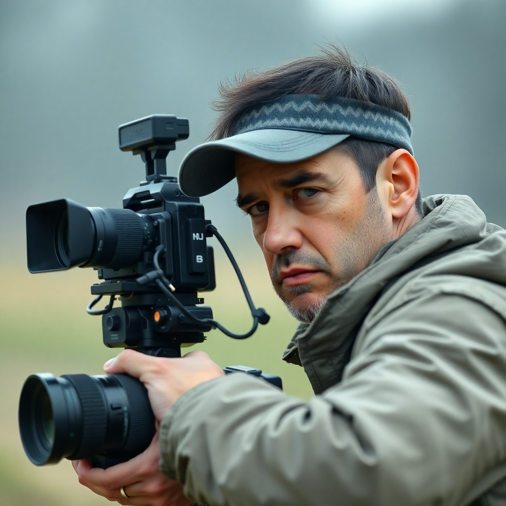 Generate a photorealistic image of a journalist reporting from the field, capturing their dedication and professionalism. The image should convey a sense of urgency and responsibility, with a clear focus on the journalist's equipment and determined expression. The lighting should be slightly subdued, focusing on the journalist’s expression and seriousness of the work.