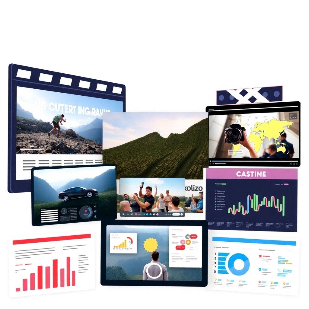 Generate a stylized image representing diverse multimedia content: video footage, photographs, and infographics. The image should portray the high quality and variety of content available on the website. The style should be vibrant, attracting the viewers' attention. The color palette should be varied, highlighting the multiple media formats.