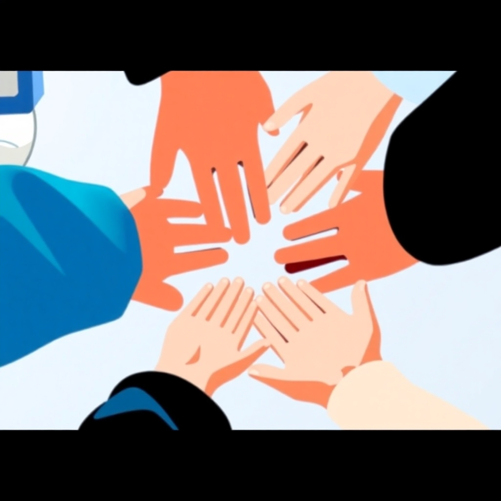 Generate a stylized image representing PPP's policy initiatives through metaphorical means. For instance, it could be a stylized representation of hands reaching together, symbolizing unity and progress, using a bright color palette with meaningful imagery. The camera angle can be from a higher perspective, giving a broader view. The style should be clean and professional.