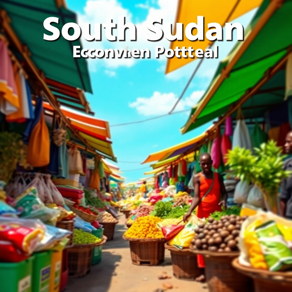Generate a stylized image showcasing South Sudan's economic potential. It could be a vibrant depiction of a bustling market scene with a focus on goods and services, using a bright color palette with clear textures and details. The camera angle should be dynamic, perhaps from a slightly lower angle, conveying energy and activity. The style should be photorealistic, with a high-quality, detailed finish that is sharp and focused.