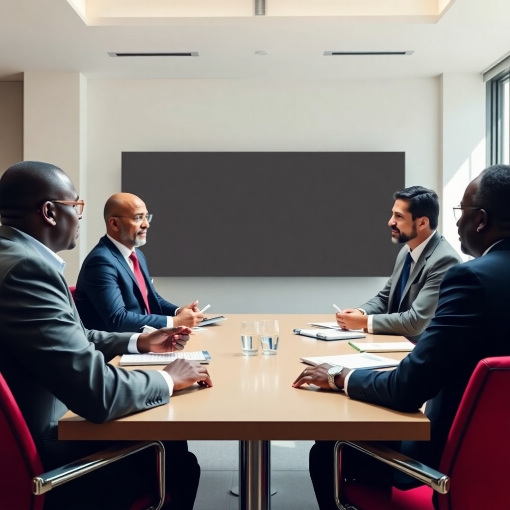 Generate an image depicting experts or analysts discussing South Sudan related topics. The setting can be a conference room or a studio. The style should be professional and convey a high level of expertise. The lighting should be natural and balanced. The color palette should be professional yet inviting.